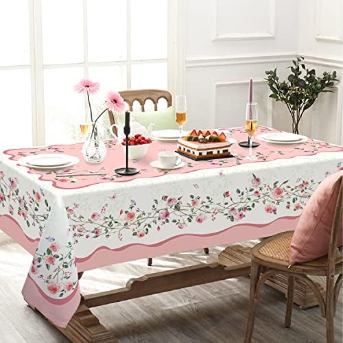 Pink Floral Tablecloth Decoration Tablecloths, Pink Rose Rosette Butterfly Table Covers, Waterproof Table Cover for Dinner Kitchen Party Holiday Decor 60"x 84" Oblong/Rectangle
