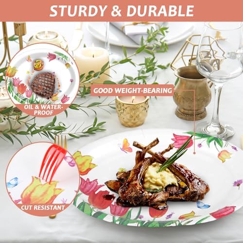 Qyeahkj 50 Pcs Spring Tulip Oval Paper Plates Large 11” Disposable Tulip Flower Party Decorations Floral Supplies Favor for Easter Picnic Spring Summer Birthday Butterflies Party Tableware Set