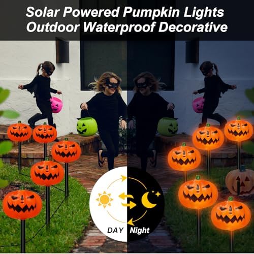 BRIGHTDECK Halloween Solar Pathway Lights Outdoor, LED Decor, Light Up Solar Stake Lights for Holiday, Halloween, Walkway, Sidewalk (Flat Pumpkin, 10-Pack)