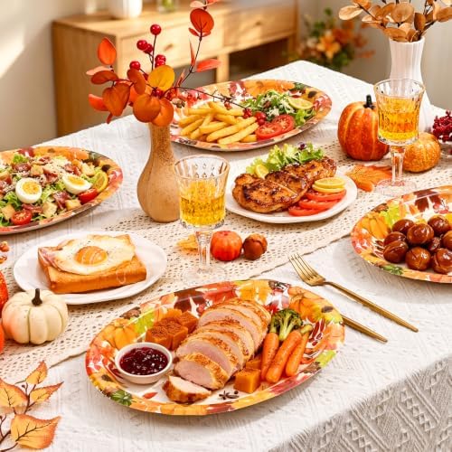 Homlouue 50 PCS Fall Paper Plates, Thanksgiving Oval Paper Plates Disposable, 10.5" x 12.5" Maple Leaf Autumn Dinner Plate, Disposable Fall Party Supplies Thanksgiving Autumn Harvest Table Decor