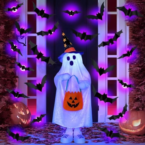 36 PCS LED Purple Lighted 3D Bats Halloween Decoration,5 Sizes & 4 Shapes