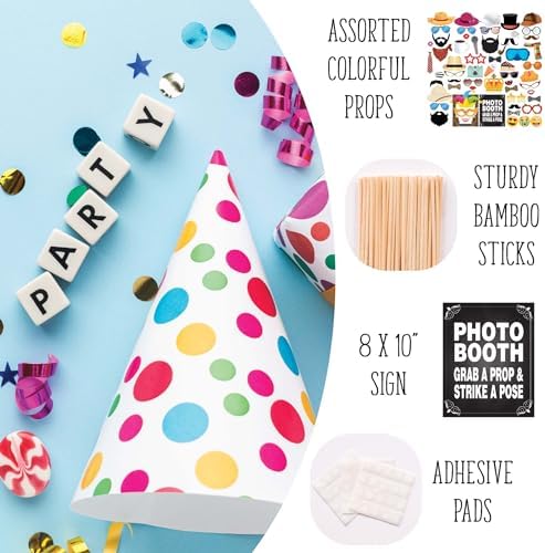 Party Photo Booth Props - 60-pc Photobooth Kit with 8 x 10-Inch Sign, 60 Adhesive Pads, 45 Sticks - Photobooth Props - Photo Props for Photo Booth - Props for Photobooth