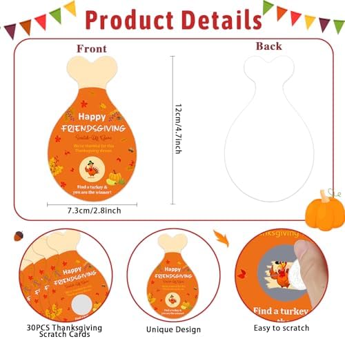 JUESMOS 30Pcs Friendsgiving Scratch off Cards Turkey Legs DIY Scratch Prize Cards Thanksgiving Party Games Fall Harvest Scratch-off Card for Friends Family Adults Fun Thanksgiving Dinner Activities