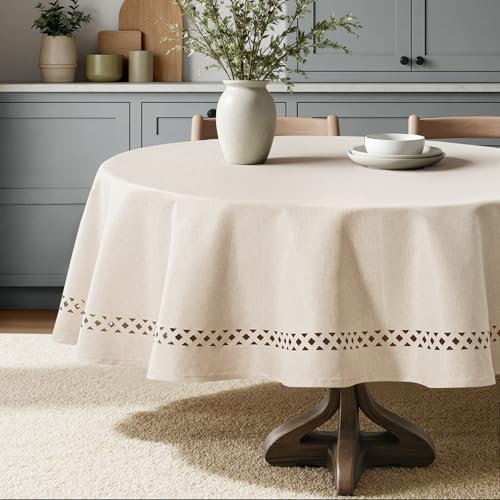 MIULEE Beige 60 Inch Round Linen Tablecloth with Decorative Cutouts