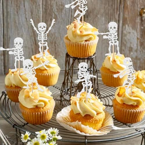 Rsstarxi 30 Pack Halloween Skull Cupcake Toppers Glitter Happy Halloween Theme Skull Dance Cupcake Picks for Baby Shower & Birthday Party Cake Decorations Supplies White