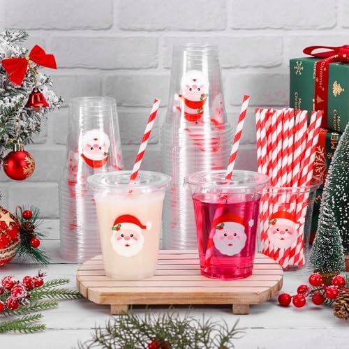 Whaline 50 Pcs 12 Oz Christmas Disposable Plastic Cups with Lids and Straws Santa Claus Face Cold Beverage Drinking Cups for Winter Xmas Birthday Party Supplies