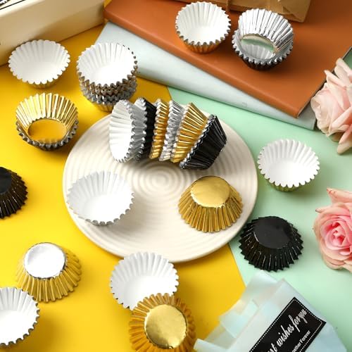 AUGSUN 400pcs Mini Foil Cupcake Liners Golden Silver Black