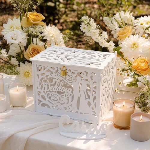 Jolik Rustic Wedding Card Box with Sign,Bride and Groom Locking Gift Collection Money Holder for Wedding Reception & Party Decor, Gift Card & Envelope Storage, Anniversary & Birthday Party Decoration