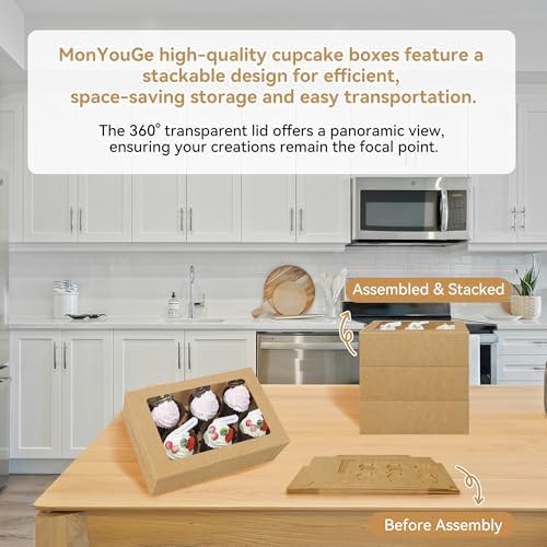 50-Set Cupcake Boxes Bulk with Clear Display Window Hold 6 Standard Cupcakes, Disposable Food Grade Brown Cupcake Carrier Cupcake Container, Perfect for Cupcakes Muffins Cookies Pastries