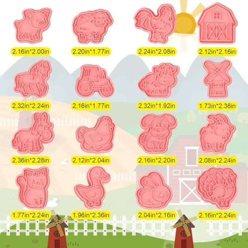 Jspupifip 16 Pack 3D Cookie Cutters Set,Stamps DIY Press Molds Farm Animal