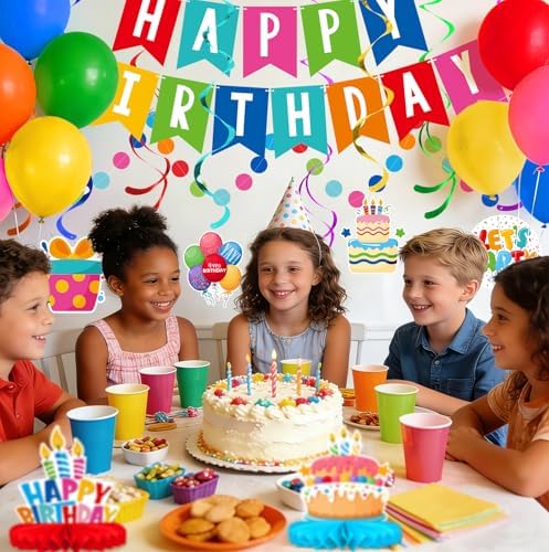 Happy Birthday Decorations Kit: Happy Birthday Banner,Birthday Circle Confetti Garland, Swirl Streamers, Honeycomb Balls, Birthday Balloons and Honeycomb Centerpiece for Kids' Birthday Party Supplies
