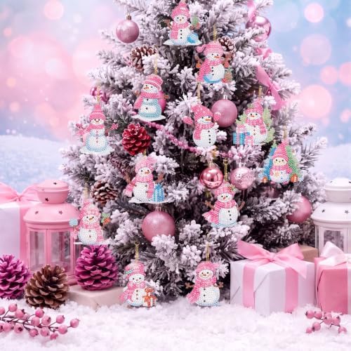 Ferraycle 12 Pcs Diamond Art Christmas Ornaments Snowman Diamond Painting Kit 5d DIY Art Keychains Winter Hanging Ornaments for Kids Winter Home Crafts Decorations(Pink)