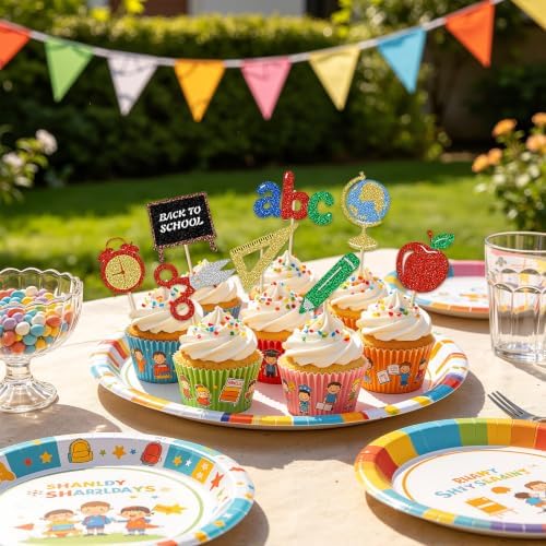 24Pcs Back to School Cupcake Toppers, Glitter School Cake Decorations