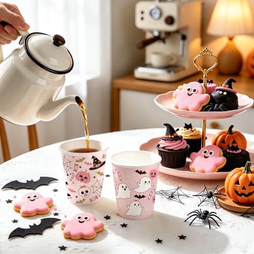 WRAPAHOLIC 9oz Pink Halloween Paper Cups - 48 PackGhost, Witch Hat, Pumpkin and Skull 4 Designs Disposable Cup, Coffee Cup, Hot/Cold Beverage Drinking Cups for Water Juice, Perfect for Halloween