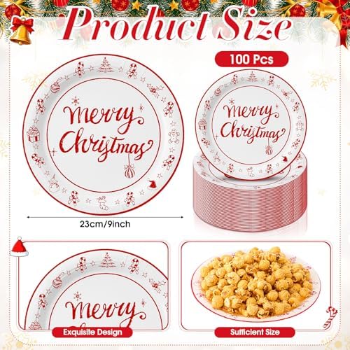 Uiifan 100 Pcs 9 Inch Merry Christmas Paper Plates, Red White Holiday Decor