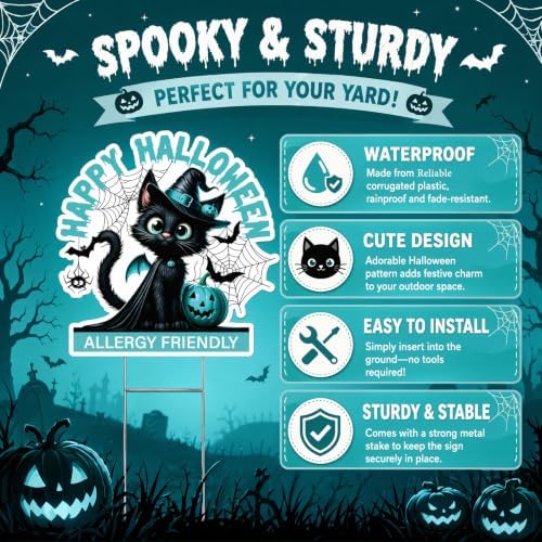 Happy Halloween Yard Sign - Teal Pumpkin Allergy Friendly Decorations Outdoor Decorative Cute Black Cat Yard Stakes for Garden Lawn Backyard Pathway Plastic Halloween Home Party Decor