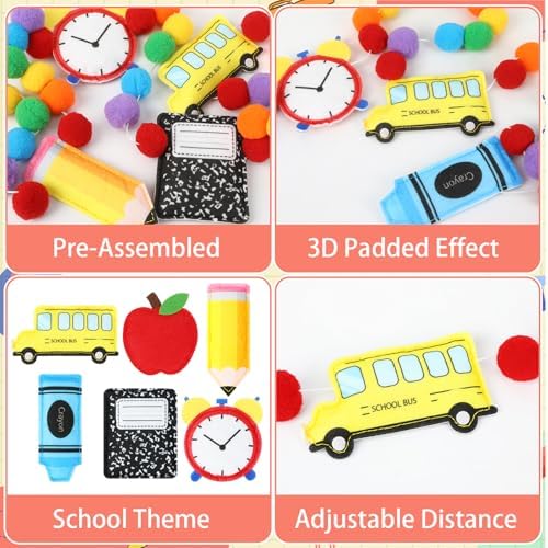 Jansun 8.2 Ft 3D Back to School School Bus Apples Alarm Clock Garland