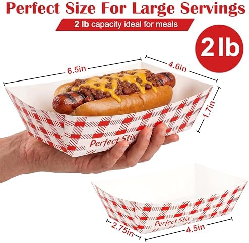 Perfect Stix- 2 lb Checkered Paper Food Trays – Pack of 50 – Disposable Red Check Food Boats for Fries, Burgers, Hot Dogs & Concession Snacks – Grease Resistant Food Service Tray