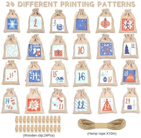 24 Pcs Christmas Advent Calendar Number Bags with Drawstring Closure