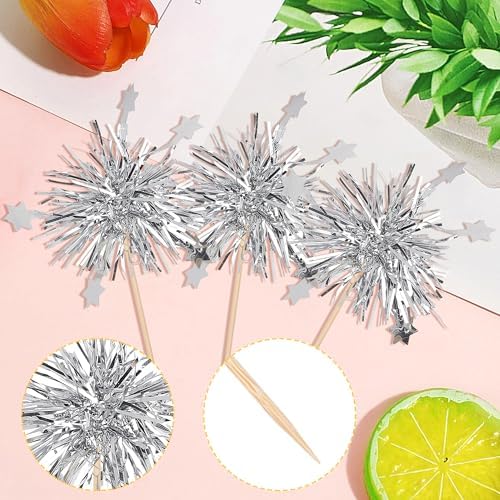 30 PCS Foil Firework Cupcake Toppers Star Cupcake Picks Sparkle Tinsel Flower Drink Stirrers Cocktail Food Fruit Toothpicks for Valentine's Day Birthday Party Cake Decorations Supplies Silver