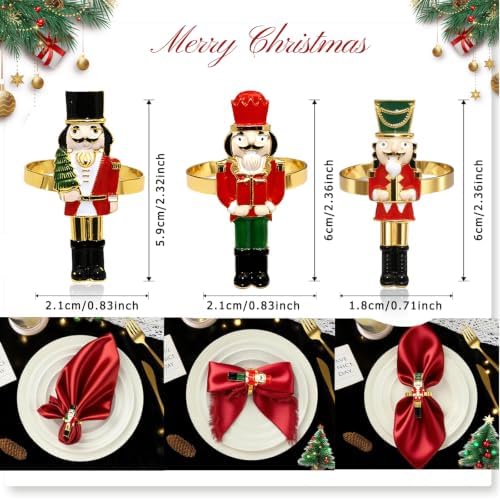 Christmas Nutcracker Napkin Rings Set of 6 for Xmas Thanksgiving New Year Party Wedding Banquet Decor,Gold Walnut Soldier Napkin Holders for Baby Shower Birthday Home Dinner Table Setting