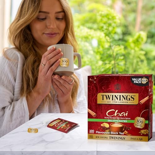 Twinings Decaffeinated Chai Individually Wrapped Bags, 100 Count (Pack of 1), Sweet, Savoury Spices, Enjoy Hot or Iced, 100 Teabags