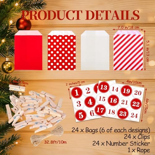 24 Pieces Advent Calendar Bags DIY Advent Calendars to Fill Christmas Kraft Treat Bags with 1-24 Countdown Numbers Stickers for Christmas Advent Calendar Countdown Decoration