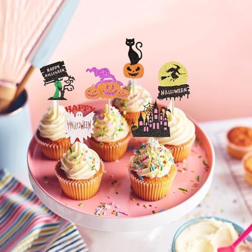 Ercadio 30Pcs Happy Halloween Cupcake Toppers Witch Pumpkin Black House Bats Cats Cupcake Picks for Gender Reveal Halloween Birthday Cupcake Decorations Halloween Party Supplies