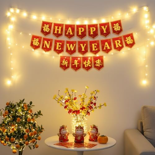 Chinese New Year Decorations 2026 Lunar New Year Banner Red Gold new Years Decorations 16.4Ft 2026 Spring Festival Flag Bunting Garland NYE Eve Party Decoration Backdrop Home Office Indoor Outdoor