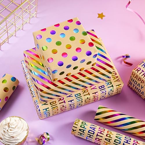 WRAPAHOLIC Kraft Birthday Wrapping Paper Roll - 3 Mini Rolls - 17 Inch x 120 Inch Per Roll - Rainbow Foi Happy Birthday Wrapping Paper for Boys Girls Kids, Baby Shower