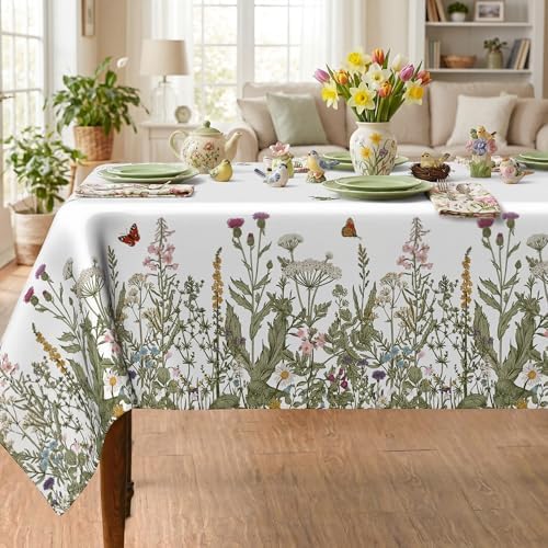 Spring Floral Tablecloth 60x104 Inch, Spring Wild Flowers Floral Decorations for Home Table Cloth Rectangle Decor Tablecloths Polyester for Picnic Party Dinner