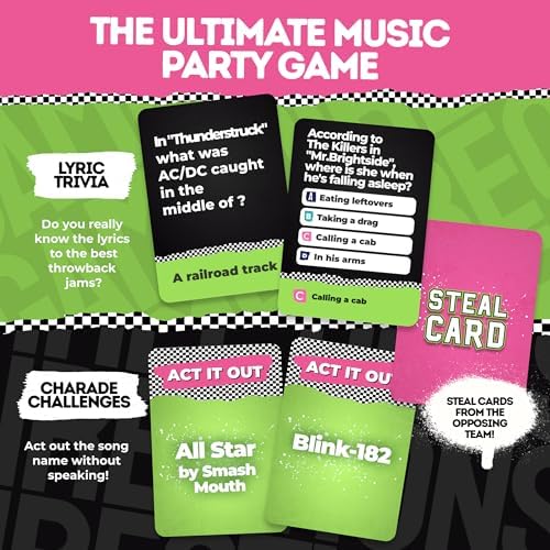 Throwback Lyrics - 90s & 2000s Rock Music Trivia Card Game | 250 Cards, Playlist Included, Finish the Lyrics, Charades + Steal Cards | Emo, Punk & Alternative Adult Party Game for Game Night & Gifts
