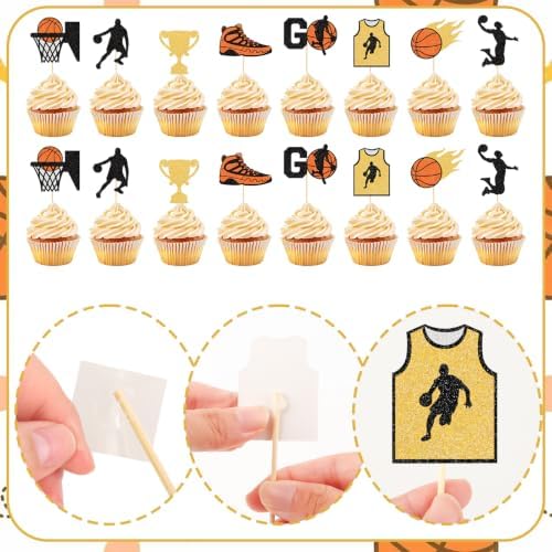 Hooqict 40Pcs Basketball Cupcake Toppers Basketball Birthday Party Cupcake Topper Cake Decorations for Kids Baby Shower Sports Theme Party Decorations Supplies