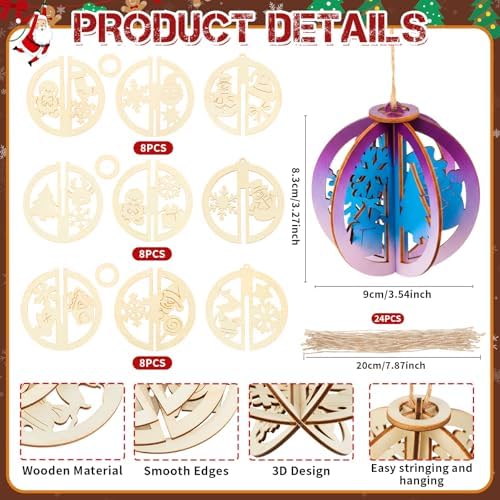 Chunful 72 Pcs DIY Christmas Wood Crafts to Paint 3D Unfinished Wooden Ornaments Christmas Hanging Cutouts Blank Hollow Wood Winter Snowflake House Holiday Wooden Slice for Xmas Tree Decorations