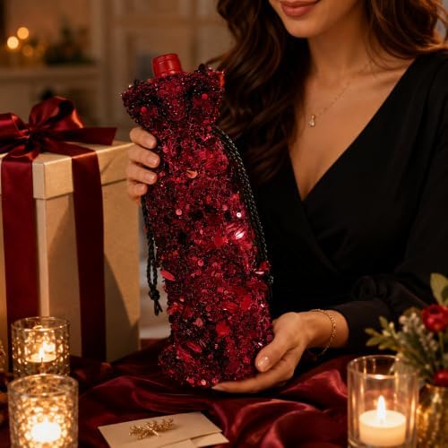 Blingxy 2-Pack Red Glitter Wine Bottle Gift Bags with Drawstring