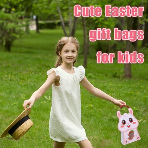 CcXxming 30 PCS Easter Party Favor Bags with Handles，Bunny-Shaped Treat Bags with Window & Stickers (Large)，Paper Goodie Boxes for Kids Egg Hunts