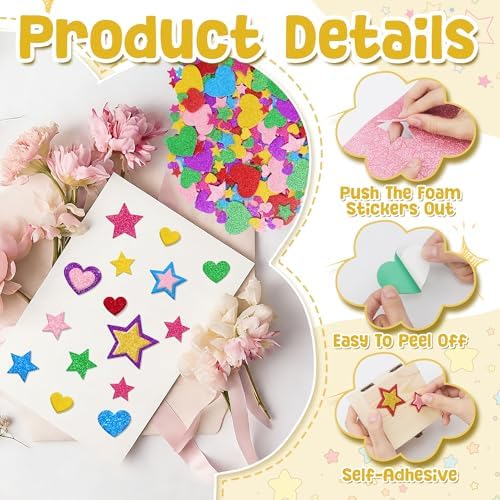 Foam Stickers, 870 PCS 3D Glitter Foam Hearts and Stars Stickers, 7 Colors