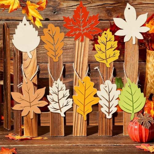 36PCS Wooden Fall Ornaments to Paint Thanksgiving Decorations, 6 Styles DIY Blank Autumn Unfinished Wood Maple Leaves Turkey Pumpkin Halloween Cutouts Ornament for Crafts Birthday Party Gifts Hanging