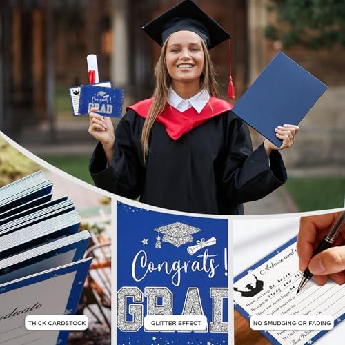 Hunanyume 50 Pack Graduation Advice Cards 2026, Blue Silver Well Wishes And Advice For The Graduate, Graduation Wishes Cards for Middle High School College Graduation Decorations 2026
