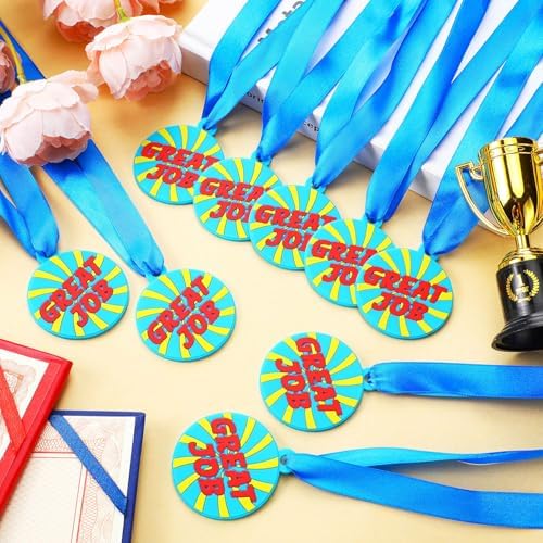 AmazingSpark 120 Pcs Great Job Award Medals, 2 Inch Rubber Medals Bulk Winner Encourage Team Participation for Adults Trophy Award Prize Gift Competitions Graduation Party