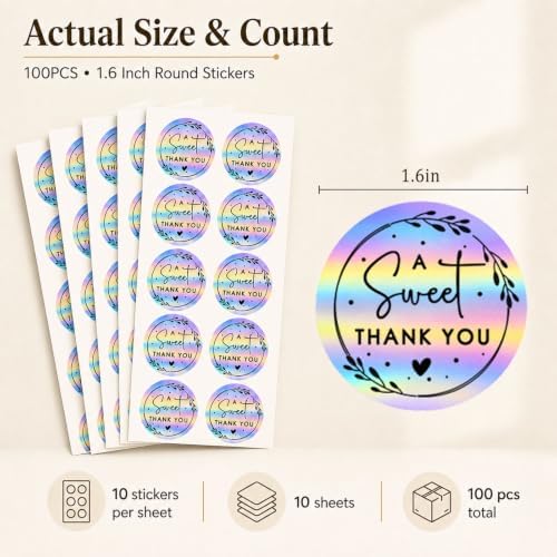 100 x A Sweet Thank You Embossed Sticker Labels Wedding Party Shower Favor Raised Gold Foil Stickers Sweet Treat Sticker for Wedding 1.57” (Holographic)