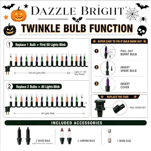 Dazzle Bright Purple Orange and Green Halloween Lights, 20FT 100 Count Mini String Lights, Waterproof Halloween Decorations for Outdoor Indoor Patio Home Party Garden Yard Decor