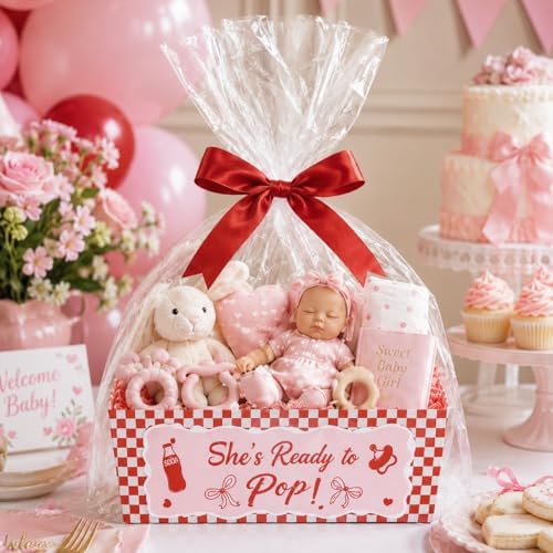 Cinrobiye 12 Pack Ready to Pop Baby Shower Favor Basket Set, Fill Your Own Party Favor Baskets with Clear Gift Bags & Ribbons, Empty Candy Gift Containers for Baby Shower, Gender Reveal, Birthday