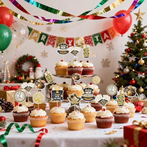 Happy New Year 2027 Cupcake Toppers, 24 PCS Happy New Year Decorations, Black and Gold Cupcake Toppers Cake Decorations Food Picks for New Year's Eve 2027 Party Decoration Supplies, 8 Designs