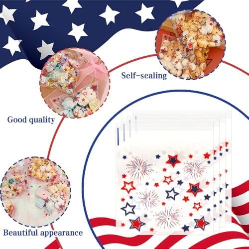 Red White Blue Star Patriotic Candy Bags, 100 PCS American Independence Day 4th of July Self Sealing Plastic Ziplock Cellophane Treat Goodie Gifts Snack Cookie Bags Party Favors Supplies Pouch Baggies