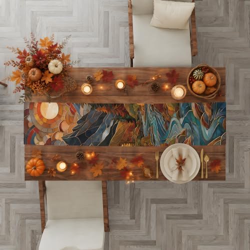 Fall Decorations for Home - Stained Glass Mountain River Fall Table Runner