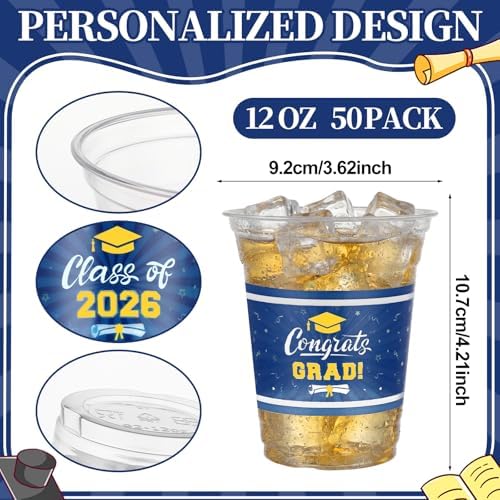 Bokon 100 Pcs 2026 Blue Graduation Plastic Cups Bulk with Strawless Sip Lids 12oz Disposable Congrats Grad Cup Drinkware Class of 2026 Celebration for College Tableware Party Supplies Decorations