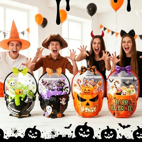 Halloween Treat Bags 24 PCS Plastic Flat Bottom Ziplock bags with Handle(7.3x10.4 Inch) Halloween Trick or Treat Bag Candy Goodie Snack Goody Gifts Wrap Pumpkin Ghost Spooky Party Favors Supplies