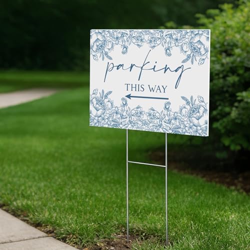 8 Pcs 17 × 8.5" Wedding This Way Directional Parking Signs Road with Stakes Large Double Sided Direction Printed Ceremony Reception Lawn Yard Arrow Sign Exquisite Plastic Rainproof (Blue Flower)