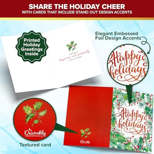 Decorably 40 Pack Foil Embossed 5x7in Assorted Holiday Cards Bulk